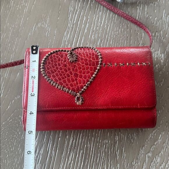 Brighton Red Leather Croc Heart Accent Stitched Crossbody Bag Wallet Organizer - Picture 8 of 16
